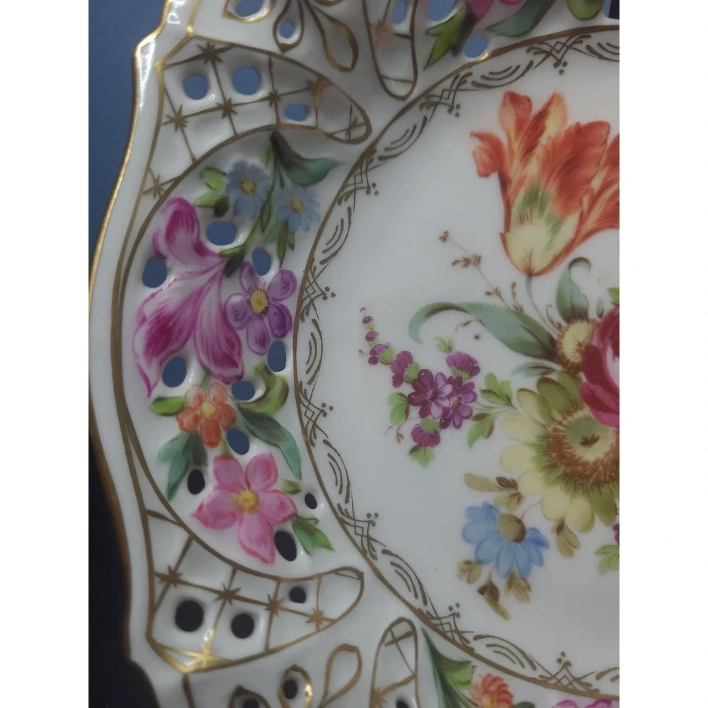 Rare E.S. Prussia Dresden Flowers Gilded Porcelain Bowl Plate Scalloped Openwork